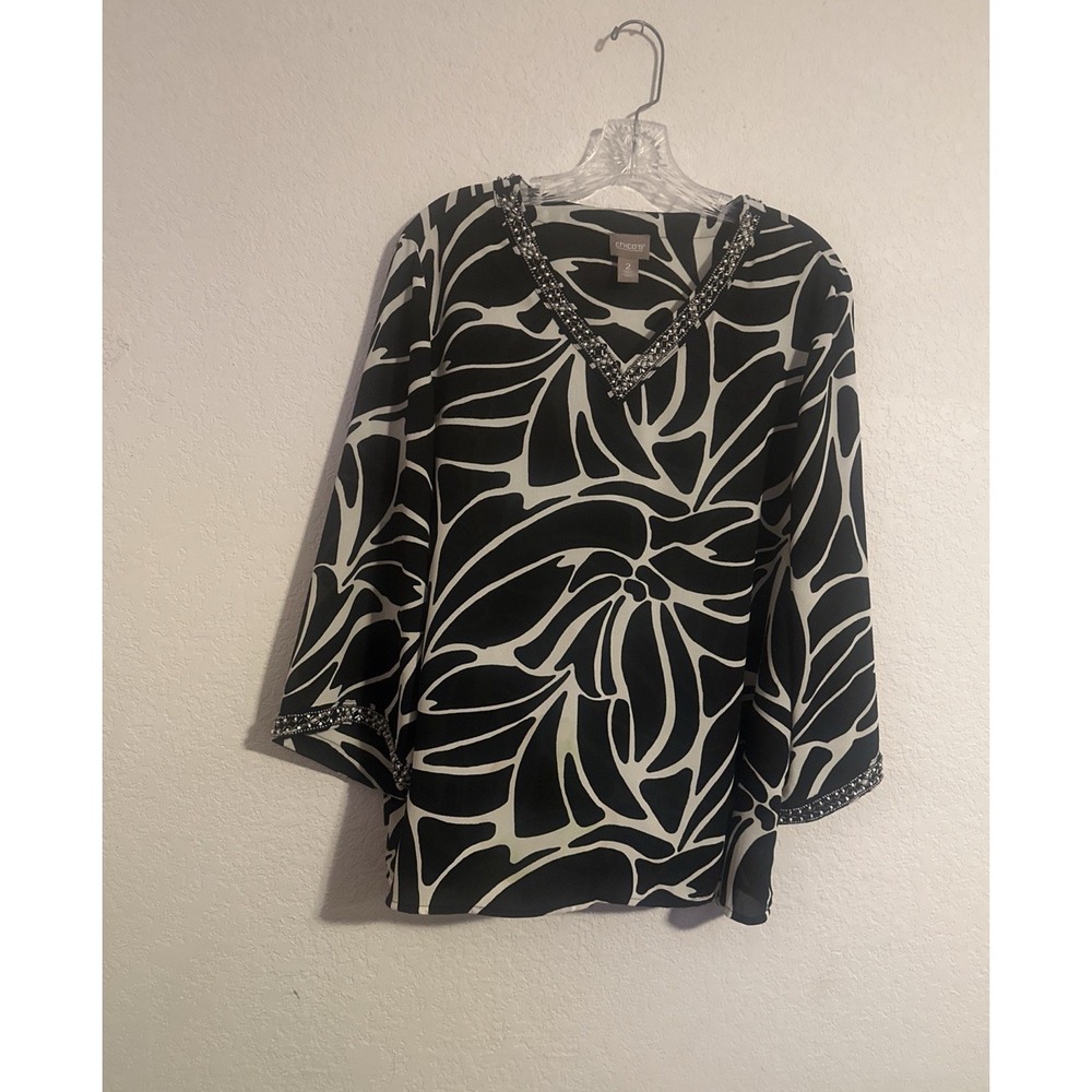Chico's 2 Tunic Blouse Black White Beaded Neck & Cuffs V Neck